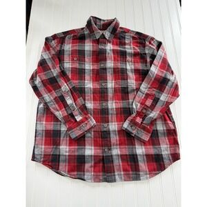 Duluth Trading Mens Flannel Shirt Size L Red Gray Black Plaid‎ Button-Up Cotton